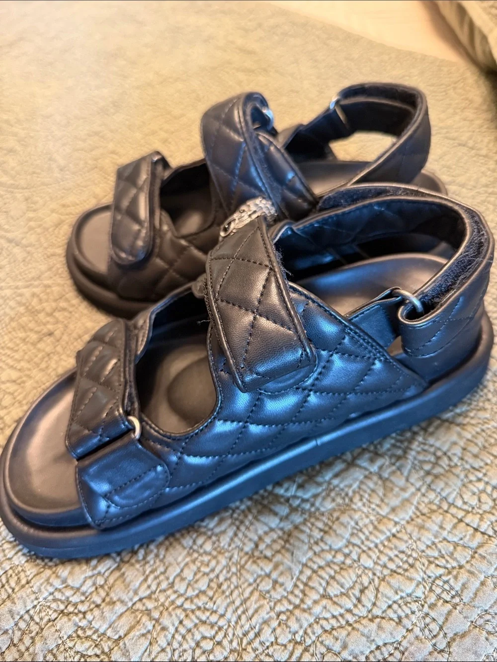 Kurt Geiger Black Quilted Leather Sandals with Silver Button Accent